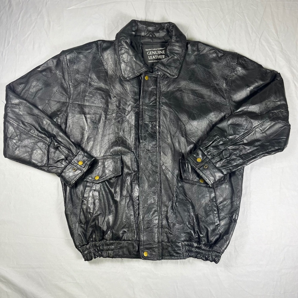 Vtg‎ Napoline Leather Patchwork Bomber Jacket Black Distressed 90s Streetwear